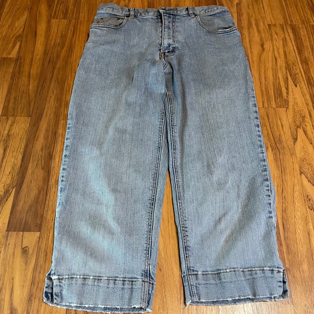 Eddie Bauer Wide Leg Crop Jeans Womens 6 Blue Stretch Denim Raw Hem Light Wash